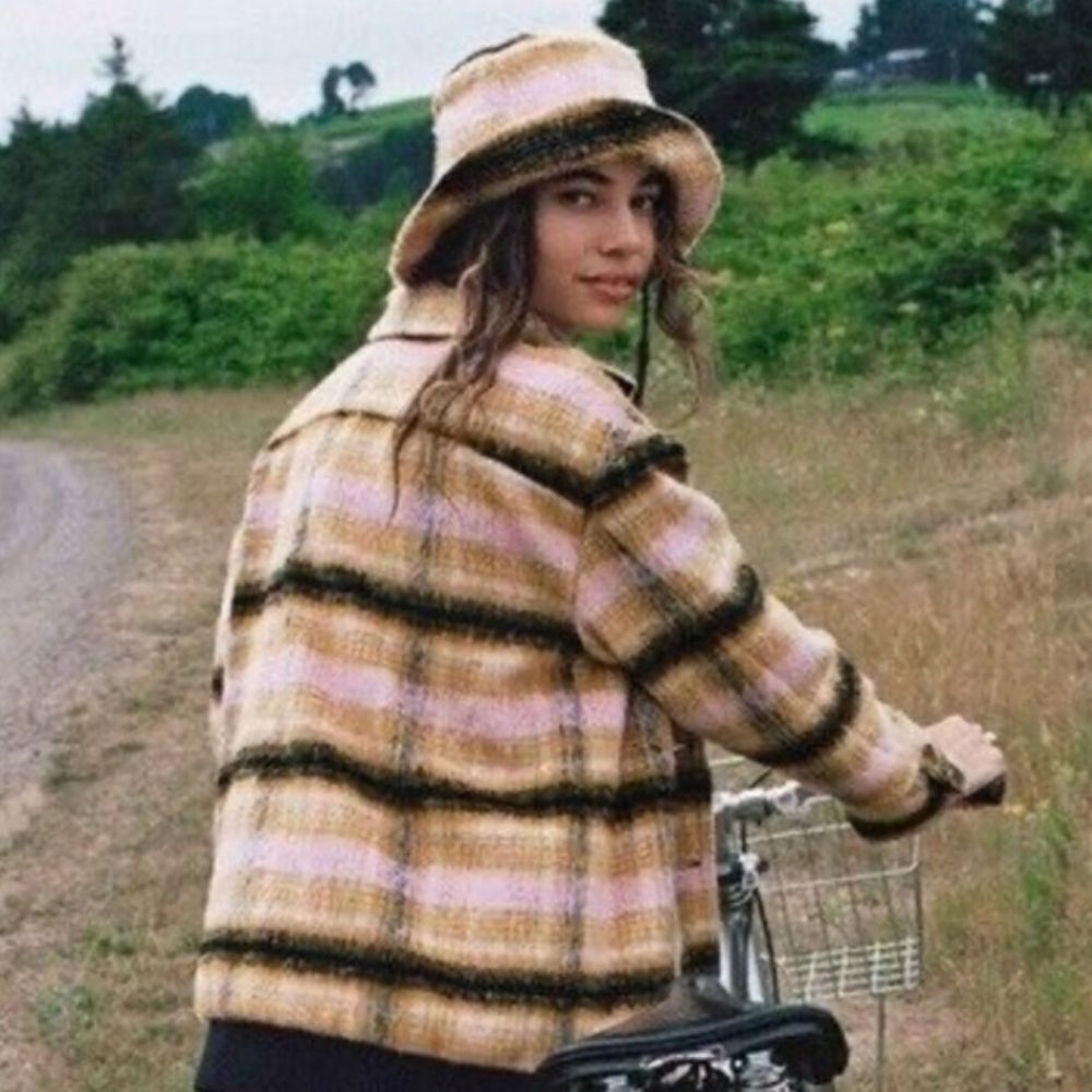 For Love and Lemons Rachel Wool Blend Plaid Bucket Hat xs
